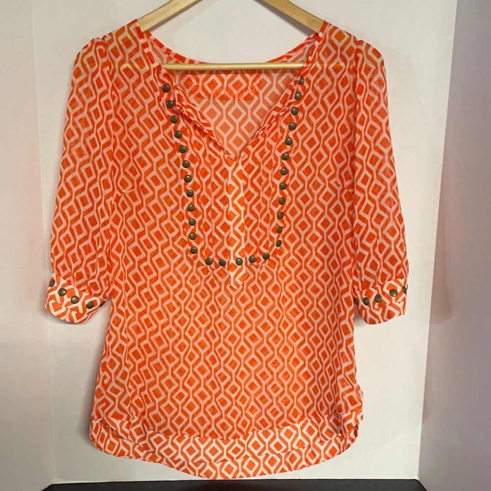 41 Hawthorn Stitch Fix Blouse Medium Orange Geometric Print